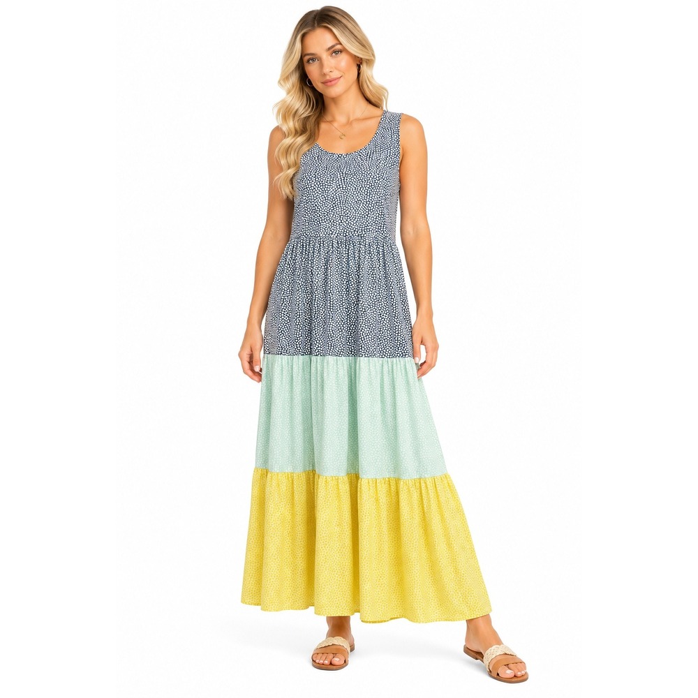 Lands' End Tiered Maxi Dress Women Size L Multicolor Pebble Print